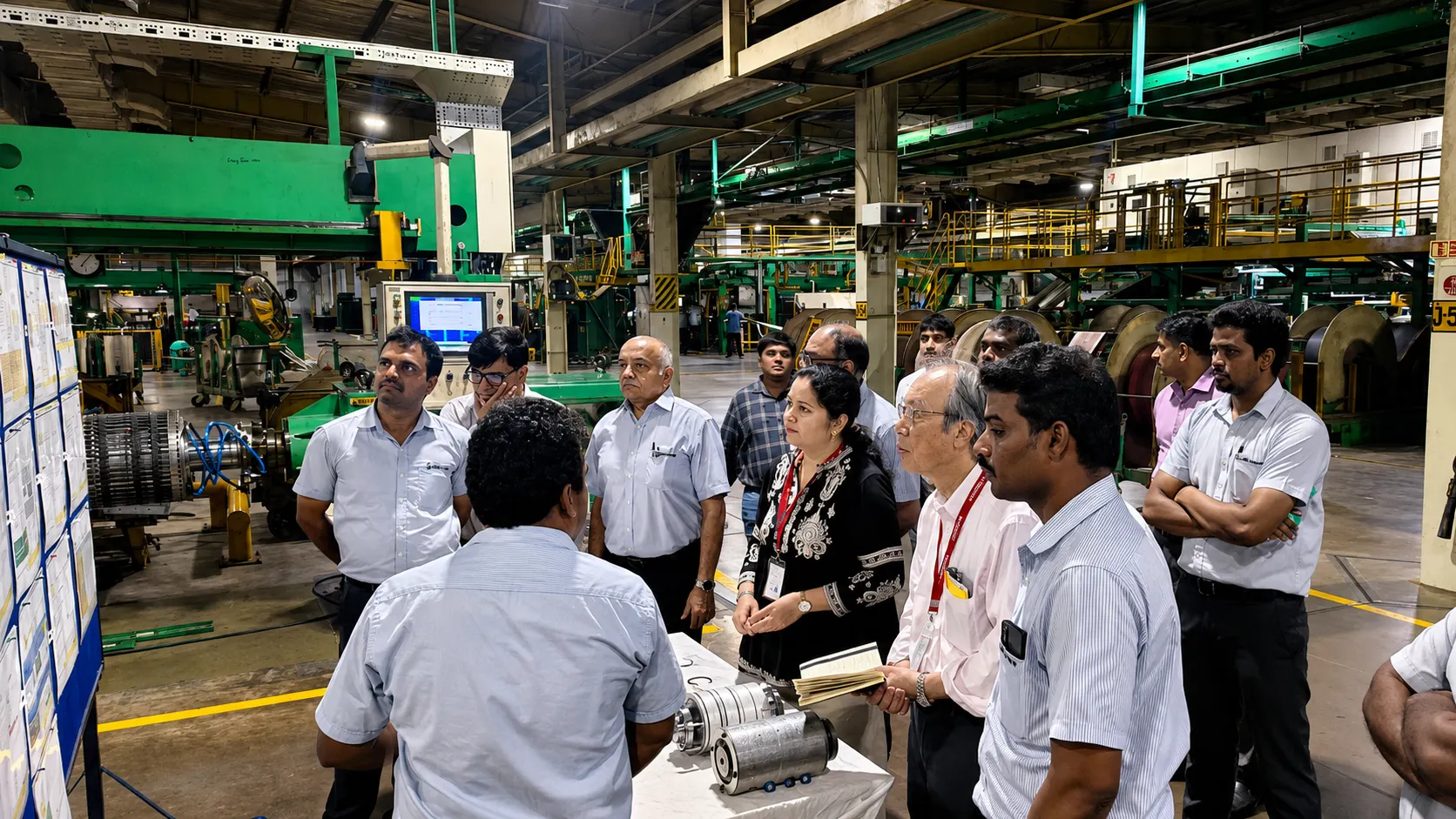 Group photo of plant staff and visitor outside a TPM signage board